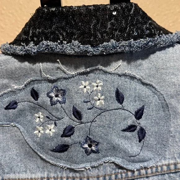 Sleeveless denim & black chiffon long sequin jacket duster high low custom flowy - Picture 12 of 14